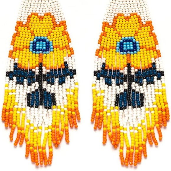 Long 6" Handmade Beaded Blue Purple Flower Oversized Earrings Beads Handcrafted - Picture 2 of 5